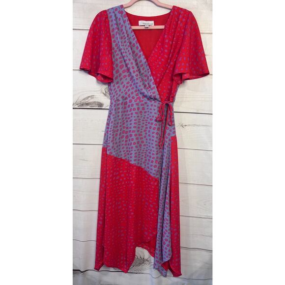 Adelyn Rae Maxi Dress Red Pink Blue Geometric Print Short Sleeves Wrap Size XS - Picture 1 of 5
